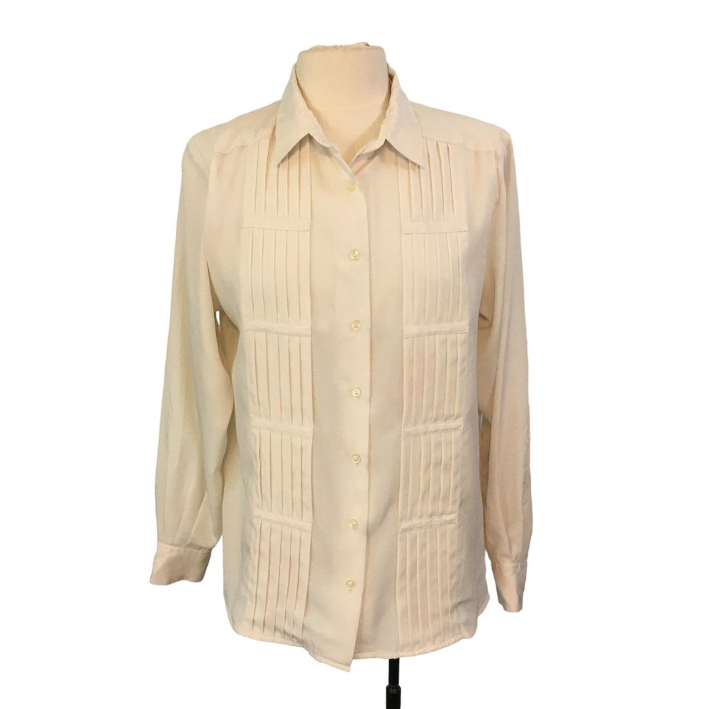 Yves St Clair Vintage Womens Off White Pleated Blouse, Secretary Top 12, 40 bust